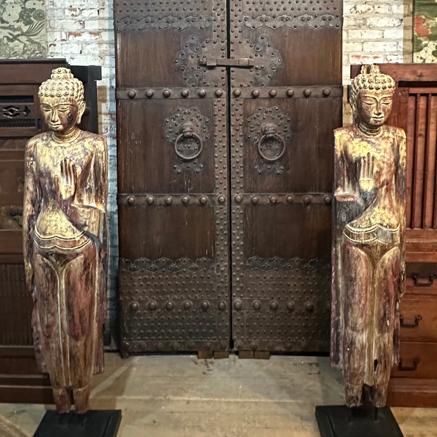 Vintage Thai Hand-Carved Buddha Statue Pair Figure 64"H