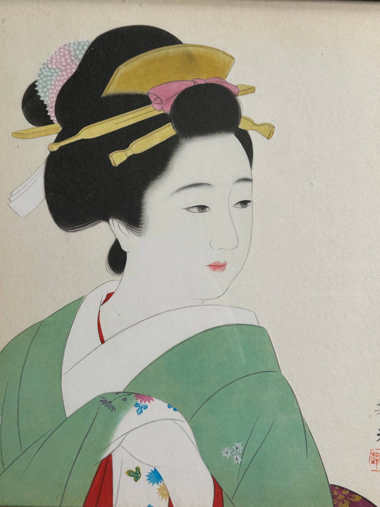 Elegant Portrait of a Geisha in Green Kimono Shin-hanga Style 14"H