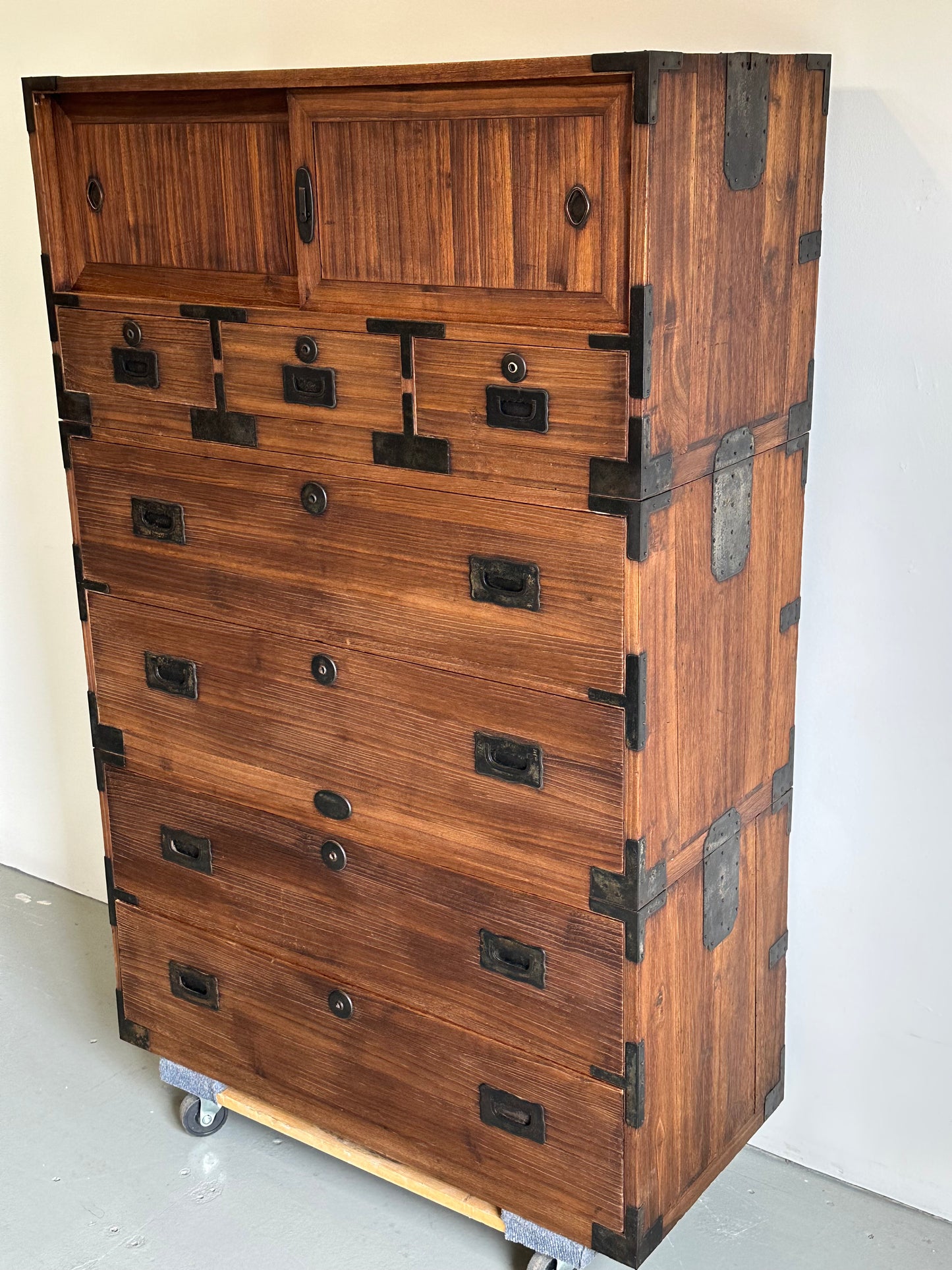 Antique Japanese Isho-Tansu Clothing Chest Taisho c1920’s 57”H Kiri Wood