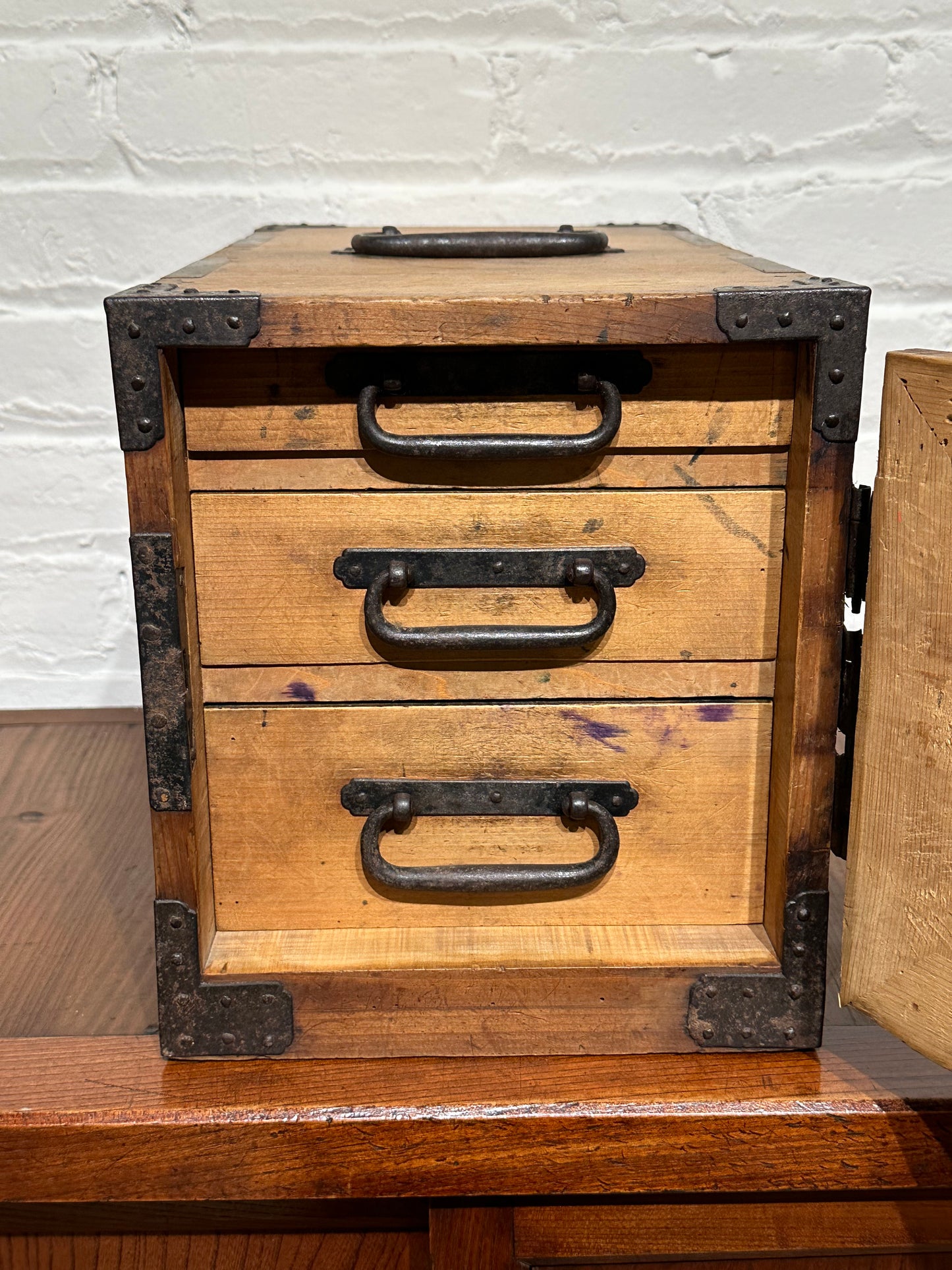 Antique Japanese Late Edo Era 3 Drawer Funadansu Sugi & Iron 16.5"