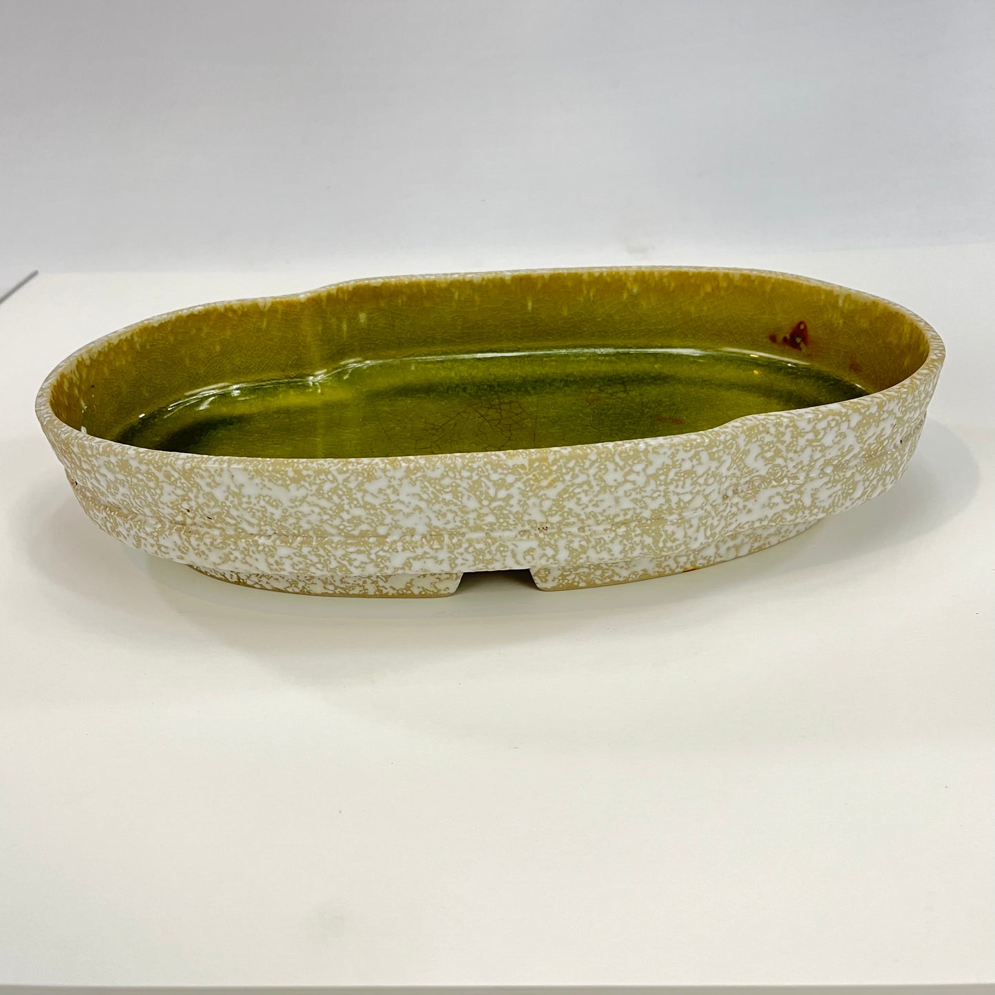 Japanese Ceramic Ikebana Vase Tan Clay Outside & Glossy Green Glaze Inside 13"