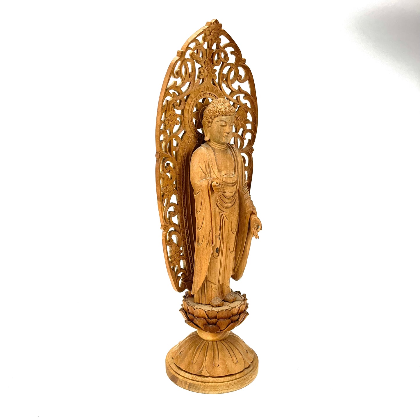 Statue of The Buddha in Standing Pose Carved Wooden Japanese lotus back