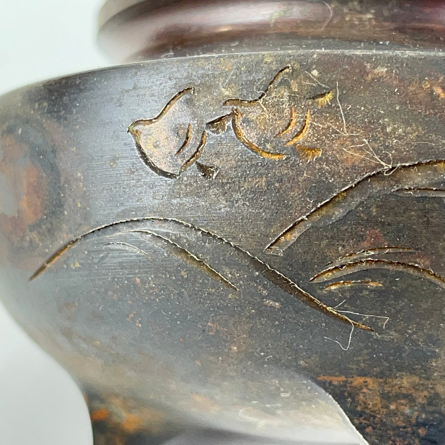 Japanese Bronze Koro Incense Burner Foo Dog & bird etching