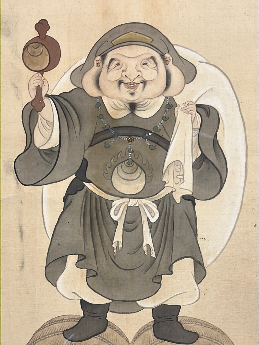 Japanese Scroll Hand Painted on Silk Taisho Era Daikoku Lucky God 75”