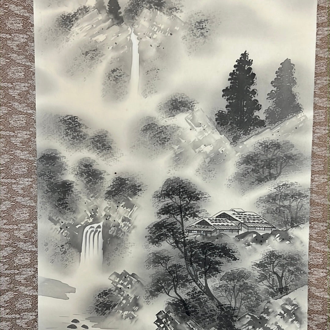 Japanese Vintage Scroll Kakejiku Hand Painted on Silk Showa Era Waterfall 74"