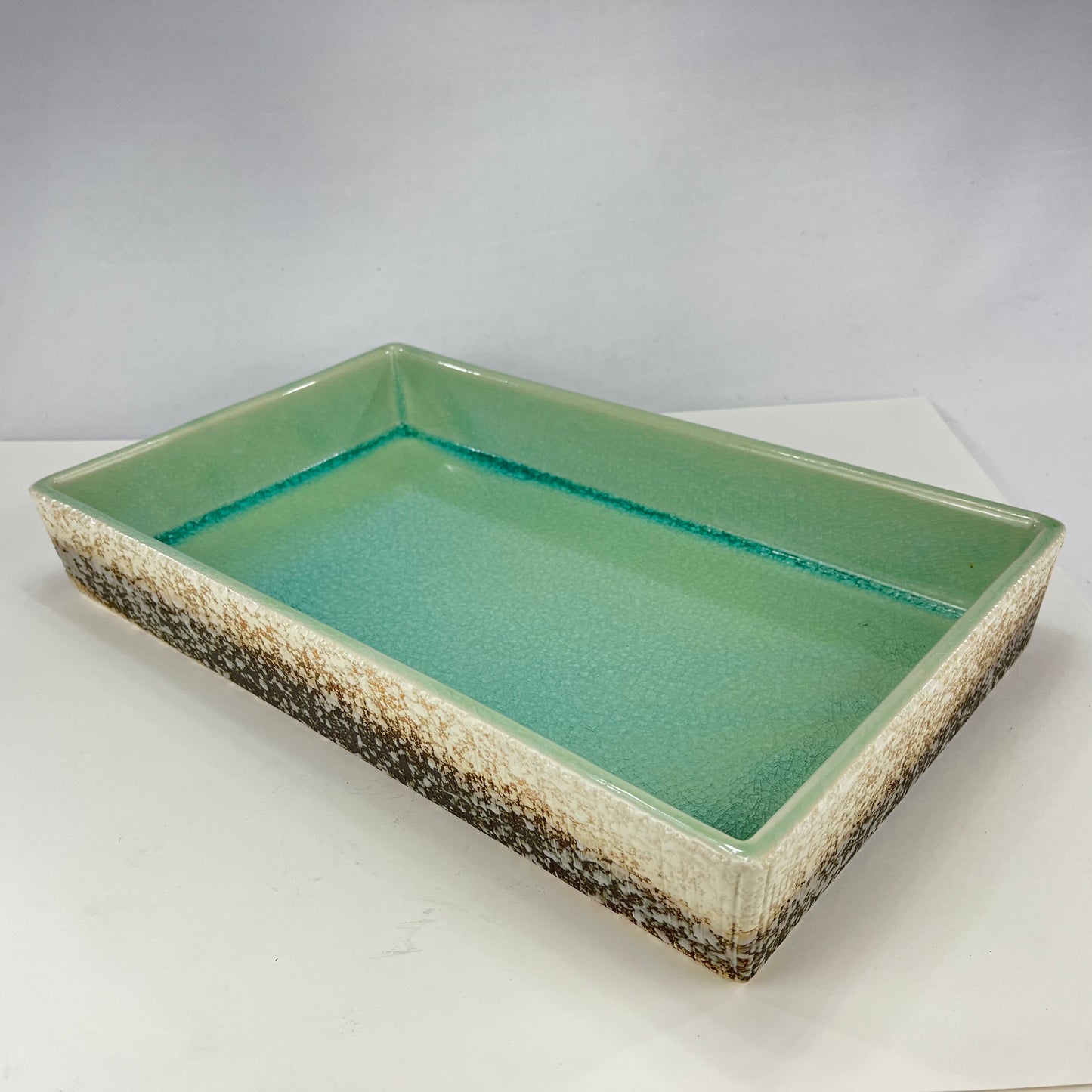 Japanese Ceramic Low Ikebana Vase Black & White Clay Glossy Blue Crackel Glaze Inside 2.5”H