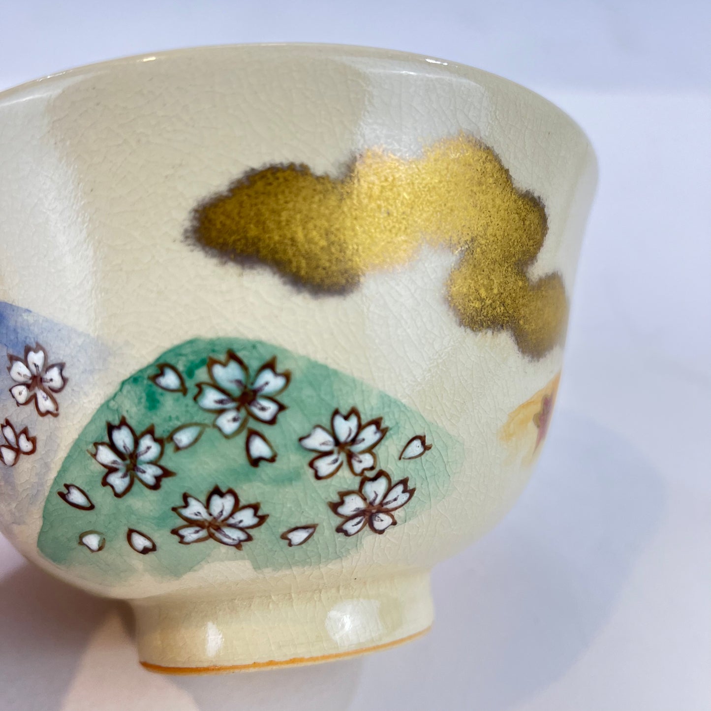 Signed Tea Ceremony Chawan Tea Bowl w/ Gold Clouds & Multicolored Hills