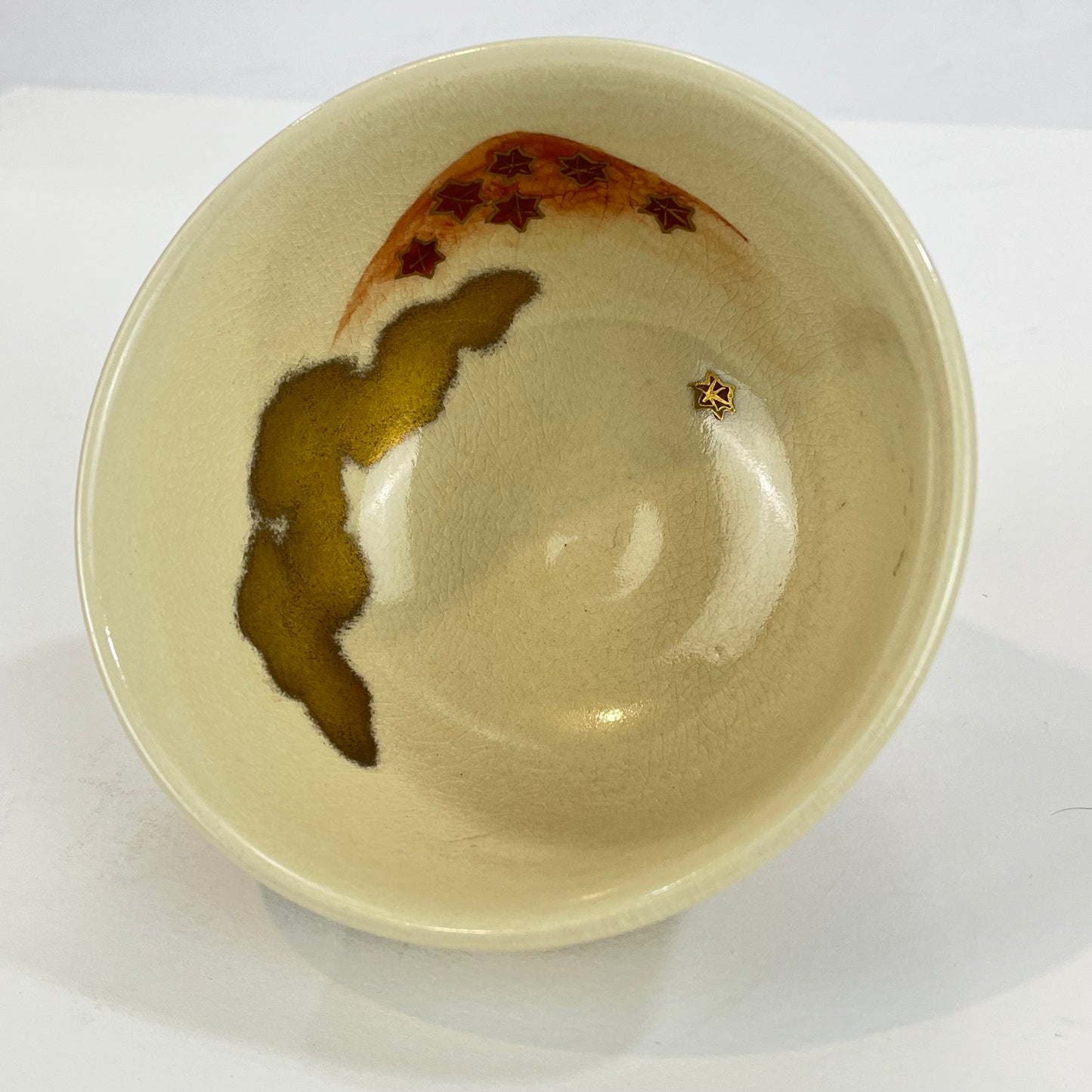 Signed Tea Ceremony Chawan Tea Bowl w/ Gold Clouds & Multicolored Hills