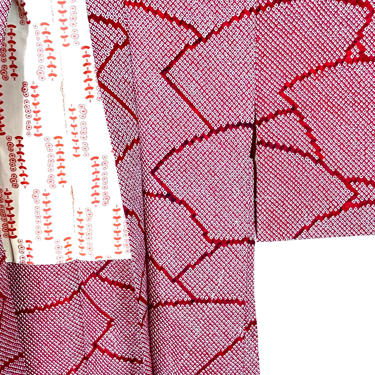 Vintage Japanese Silk Haori Coat in Shibori Tie-dye Bright Red Fan Pattern 28"L