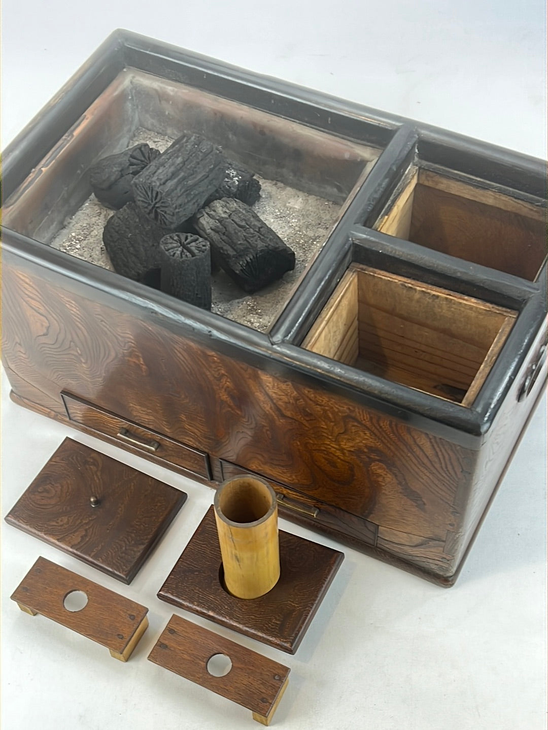 Antique Japanese c1910 Meiji Era Hibachi Wooden Brazier Tabakobon Keyaki 16"
