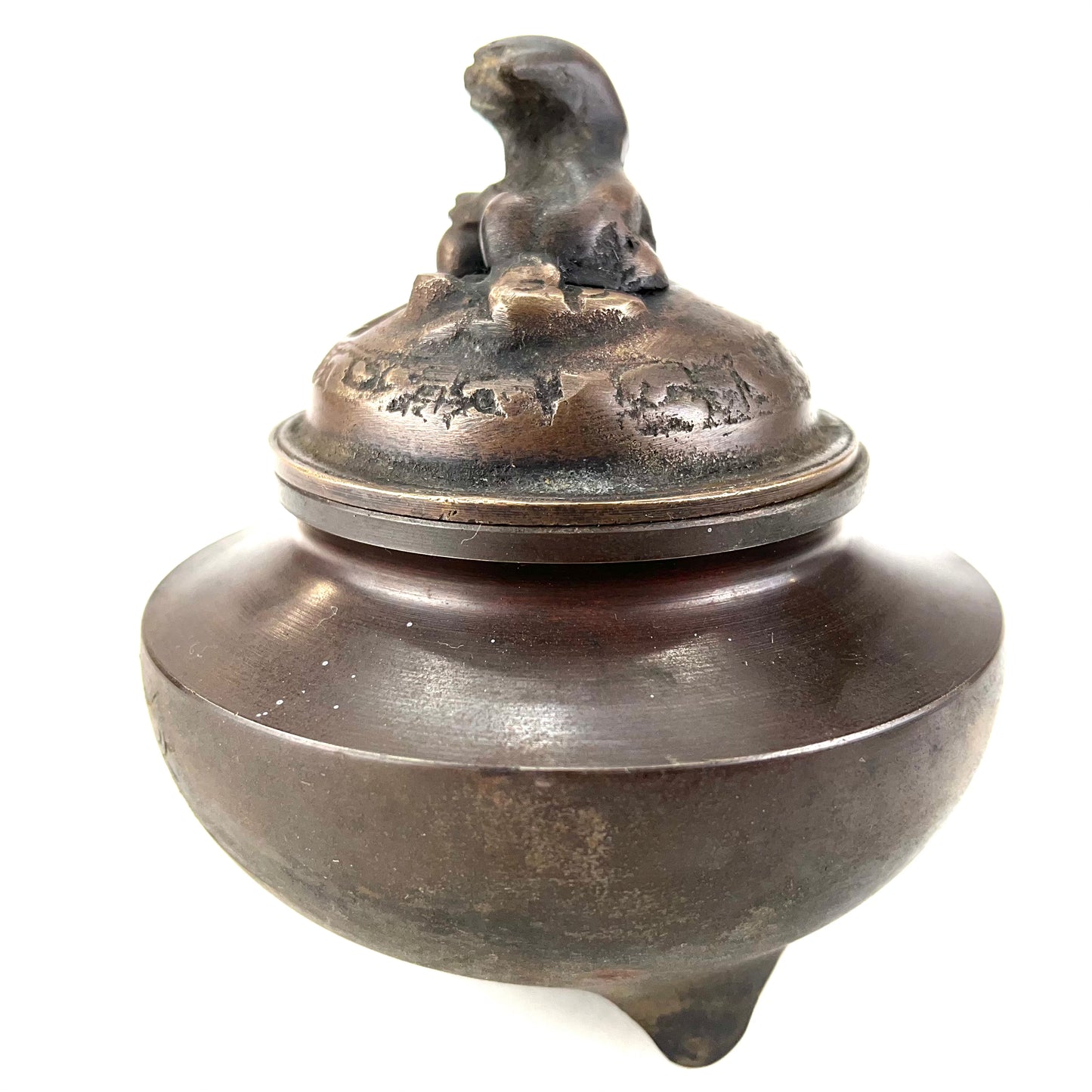Japanese Bronze Koro Incense Burner Foo Dog & bird etching