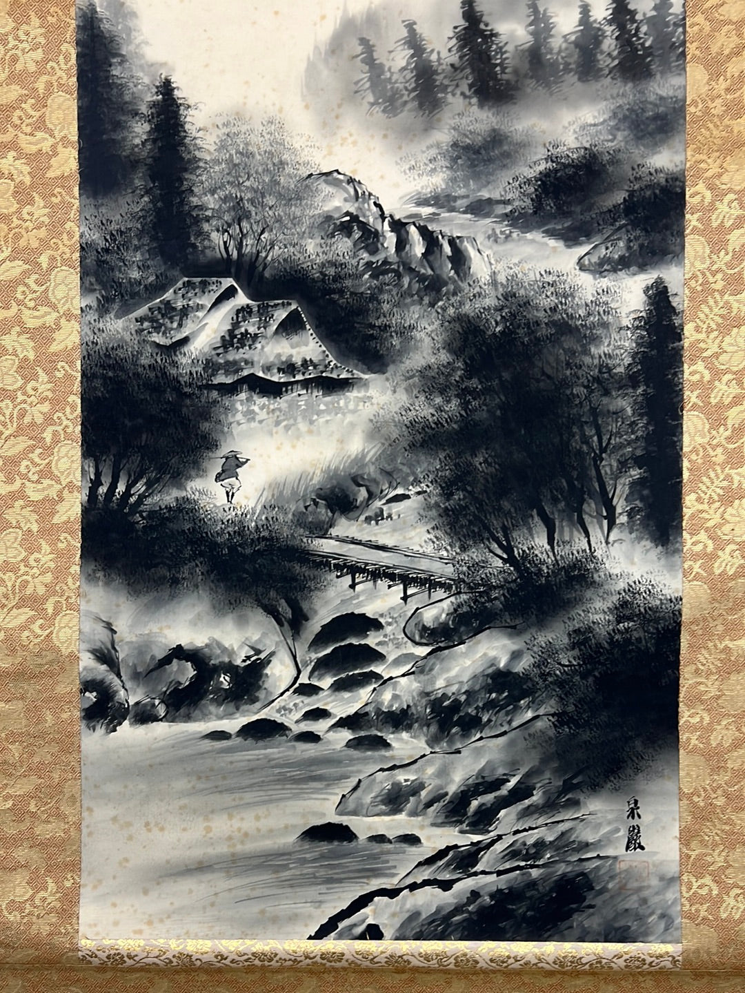 Japanese Vintage Scroll Kakejiku Hand Painted Showa Era Mountain Hut