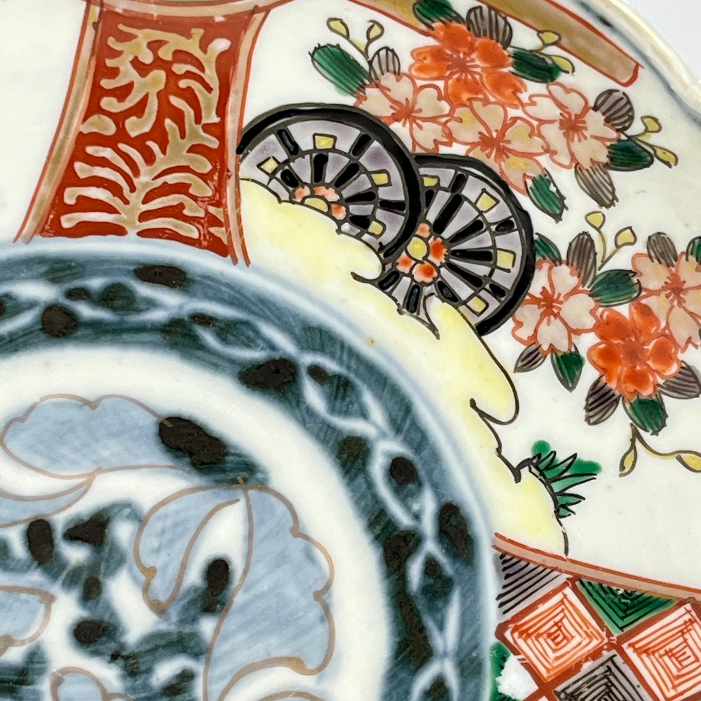Antique Meiji Era Japanese Ceramic Akai-Imari Plate w/ Kokeshi Dolls & Cartwheels
