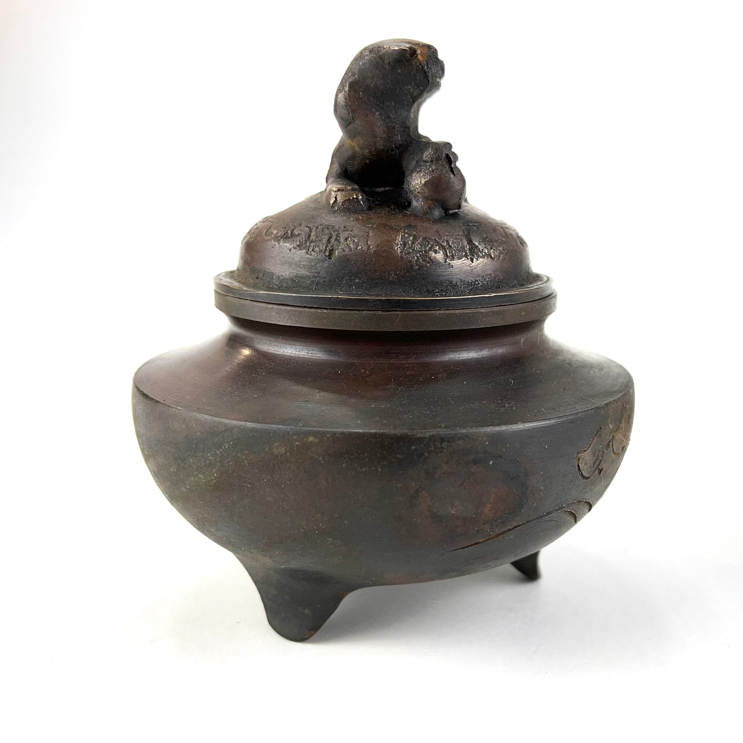 Japanese Bronze Koro Incense Burner Foo Dog & bird etching