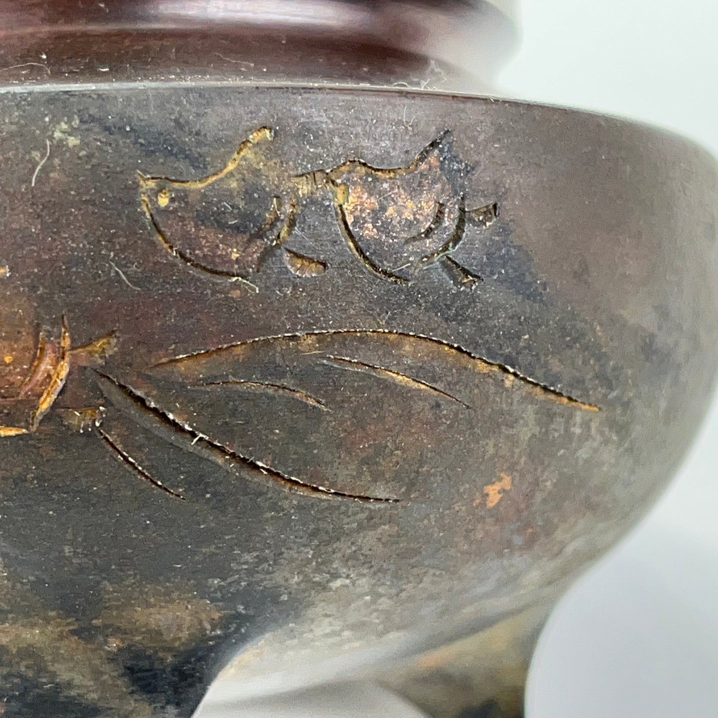 Japanese Bronze Koro Incense Burner Foo Dog & bird etching