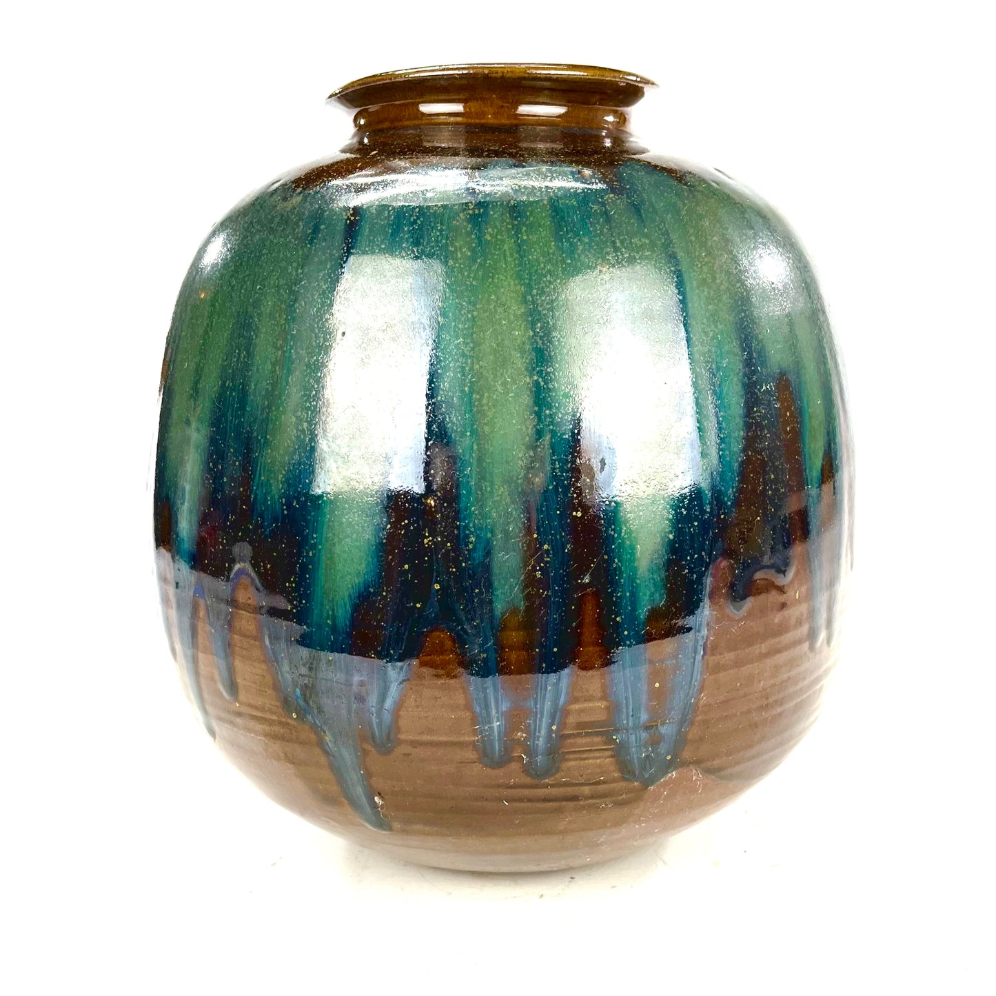 Vintage Japanese Tsubo Urn Vase Green & Blue Drip Glaze 11"