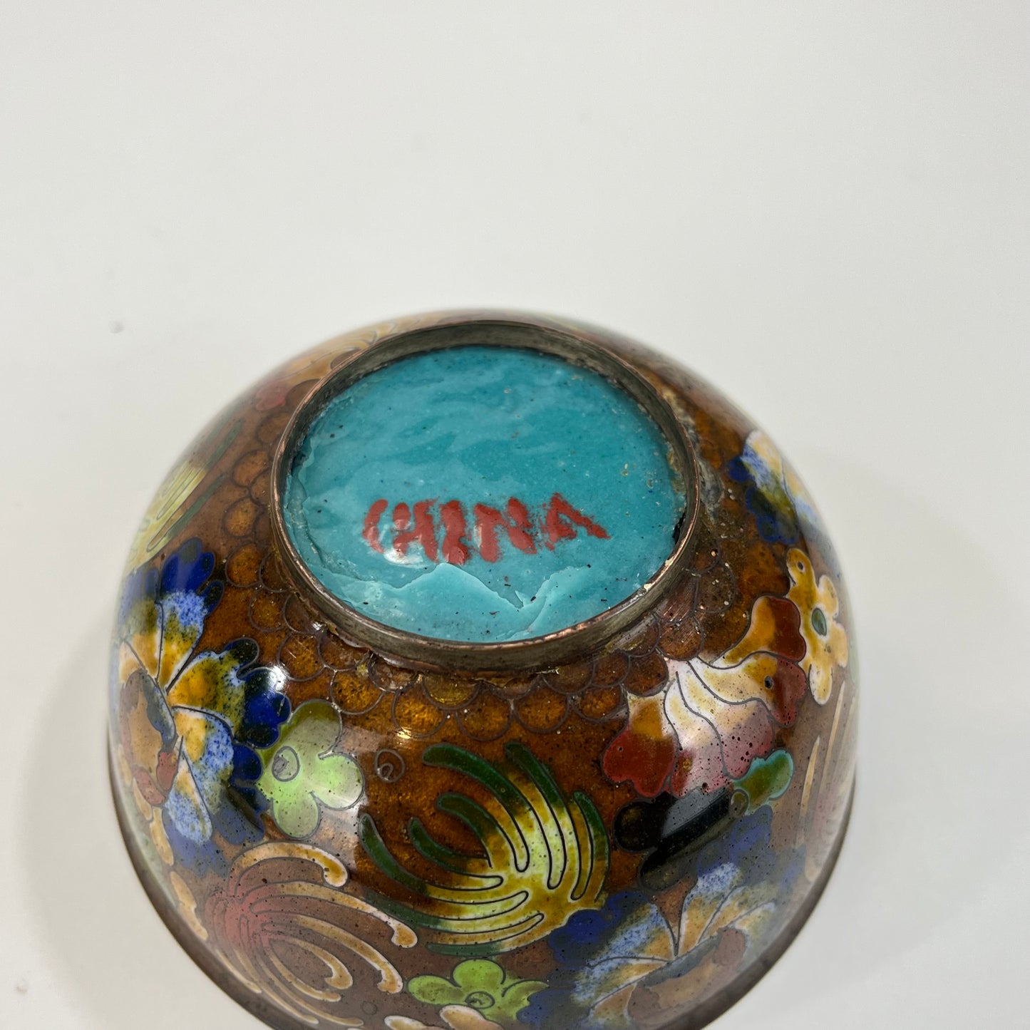 Chinese Cloisonné Bowl Set of Flowers & Blue Intirior 4"