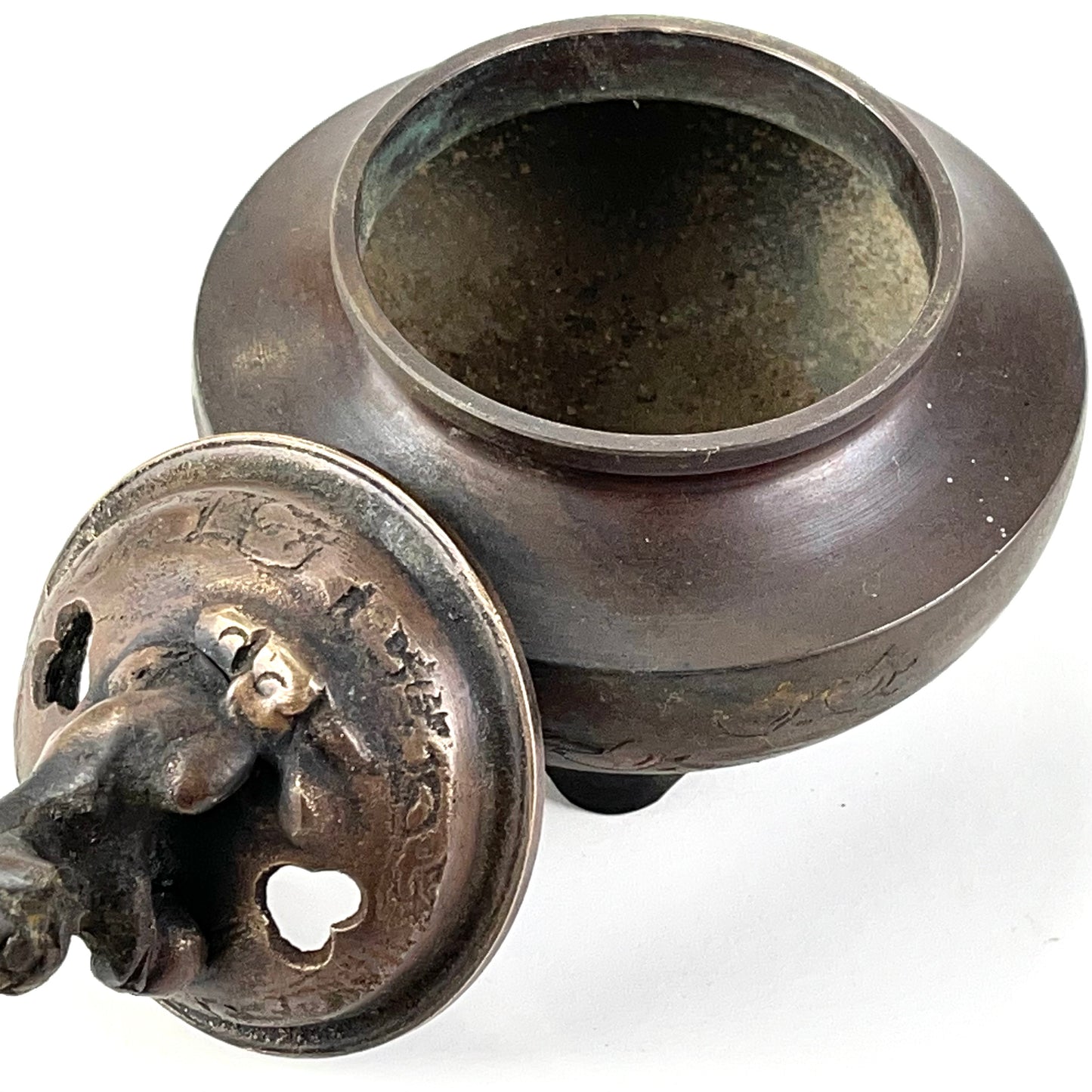 Japanese Bronze Koro Incense Burner Foo Dog & bird etching