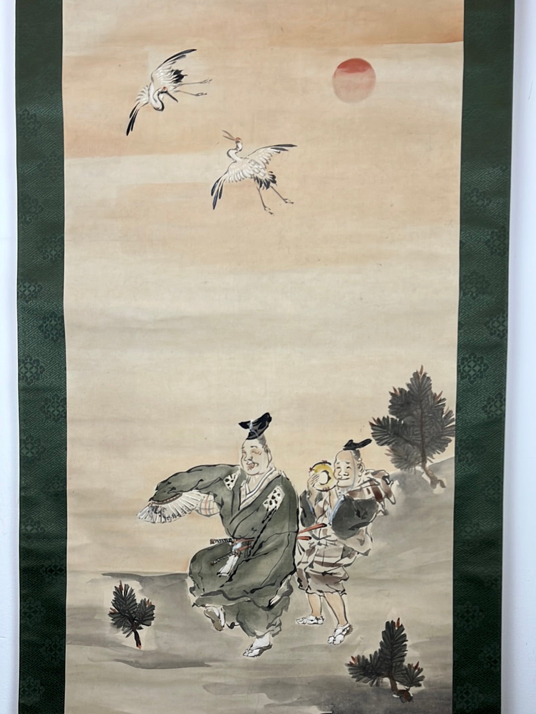 Japanese Scroll Hand Painted on Silk Showa Era Dancing Samurai 71"