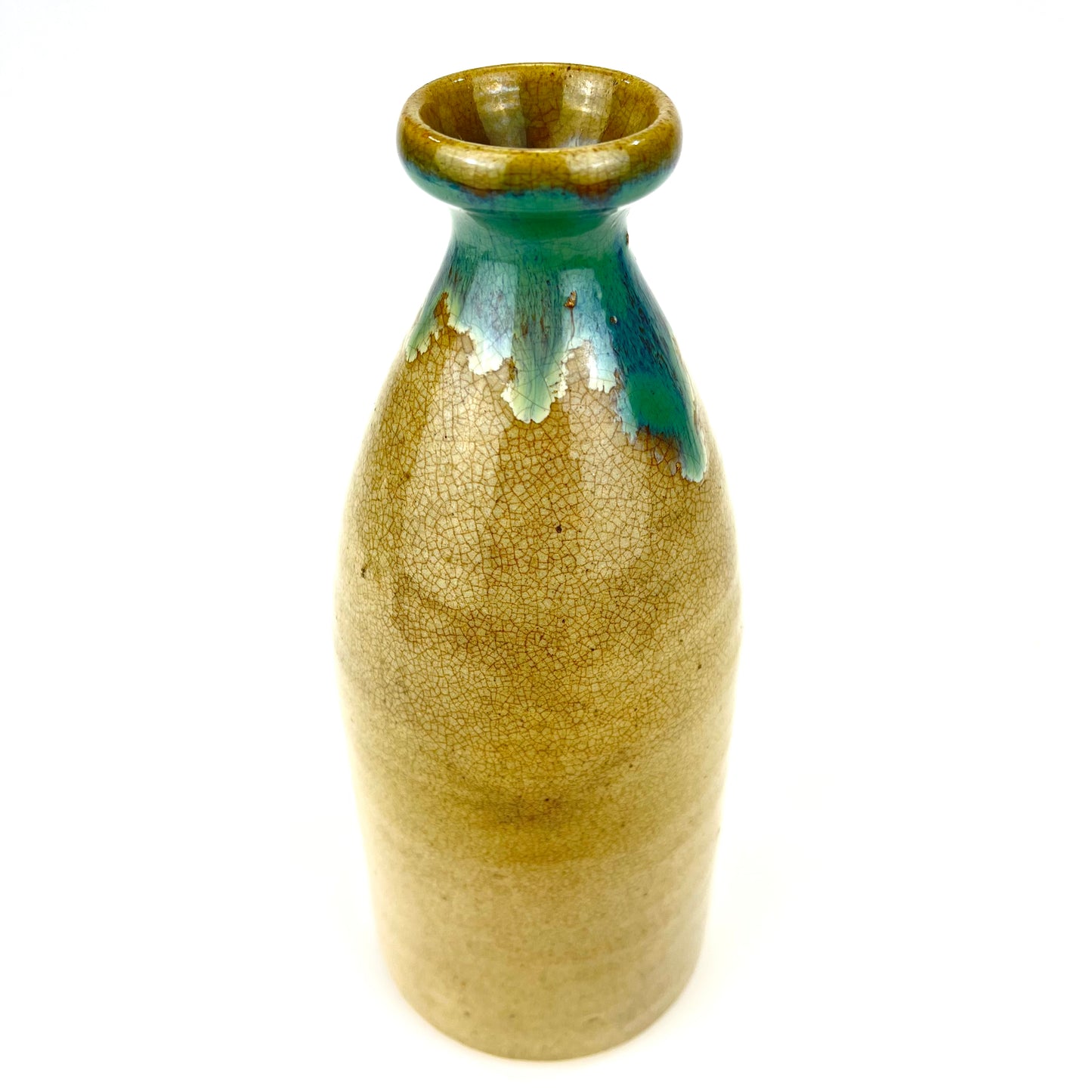 Antique Japanese Sake Bottle Tokkuri Blue Hares Fur Glaze Spout 8”