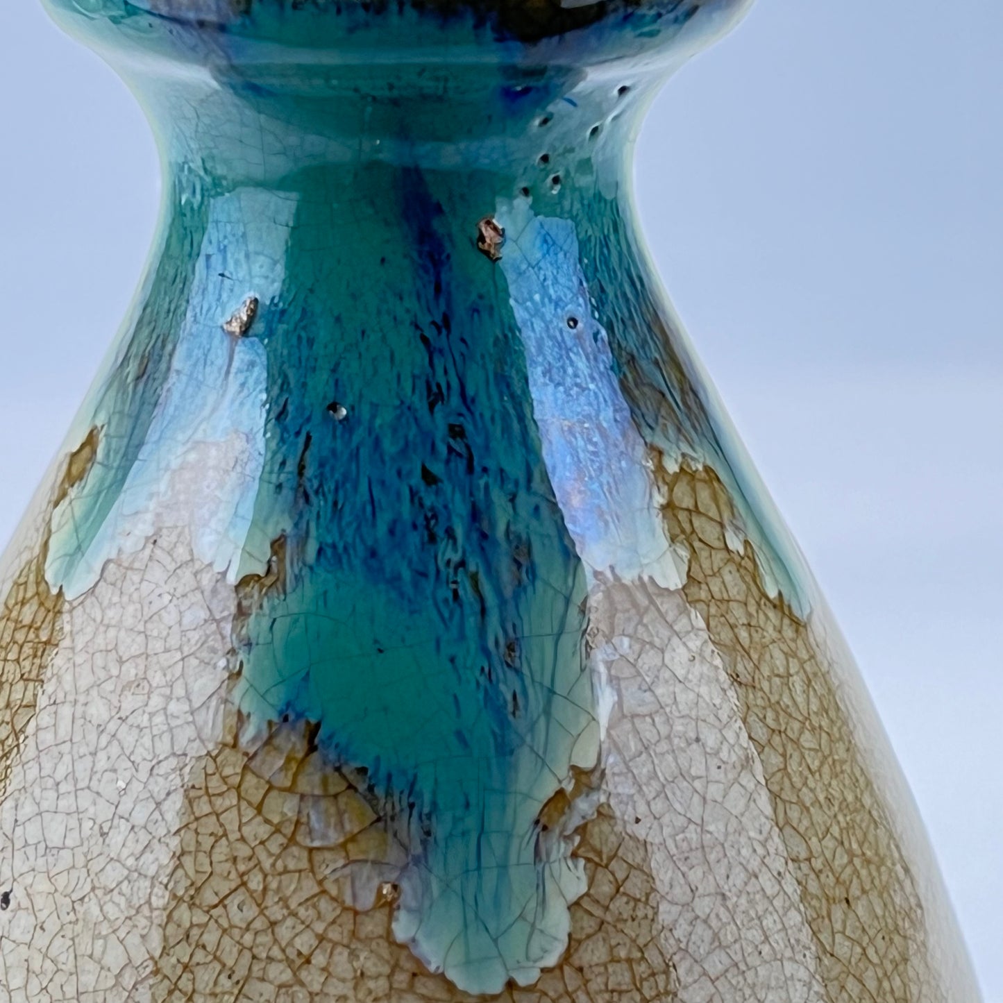 Antique Japanese Sake Bottle Tokkuri Blue Hares Fur Glaze Spout 8”