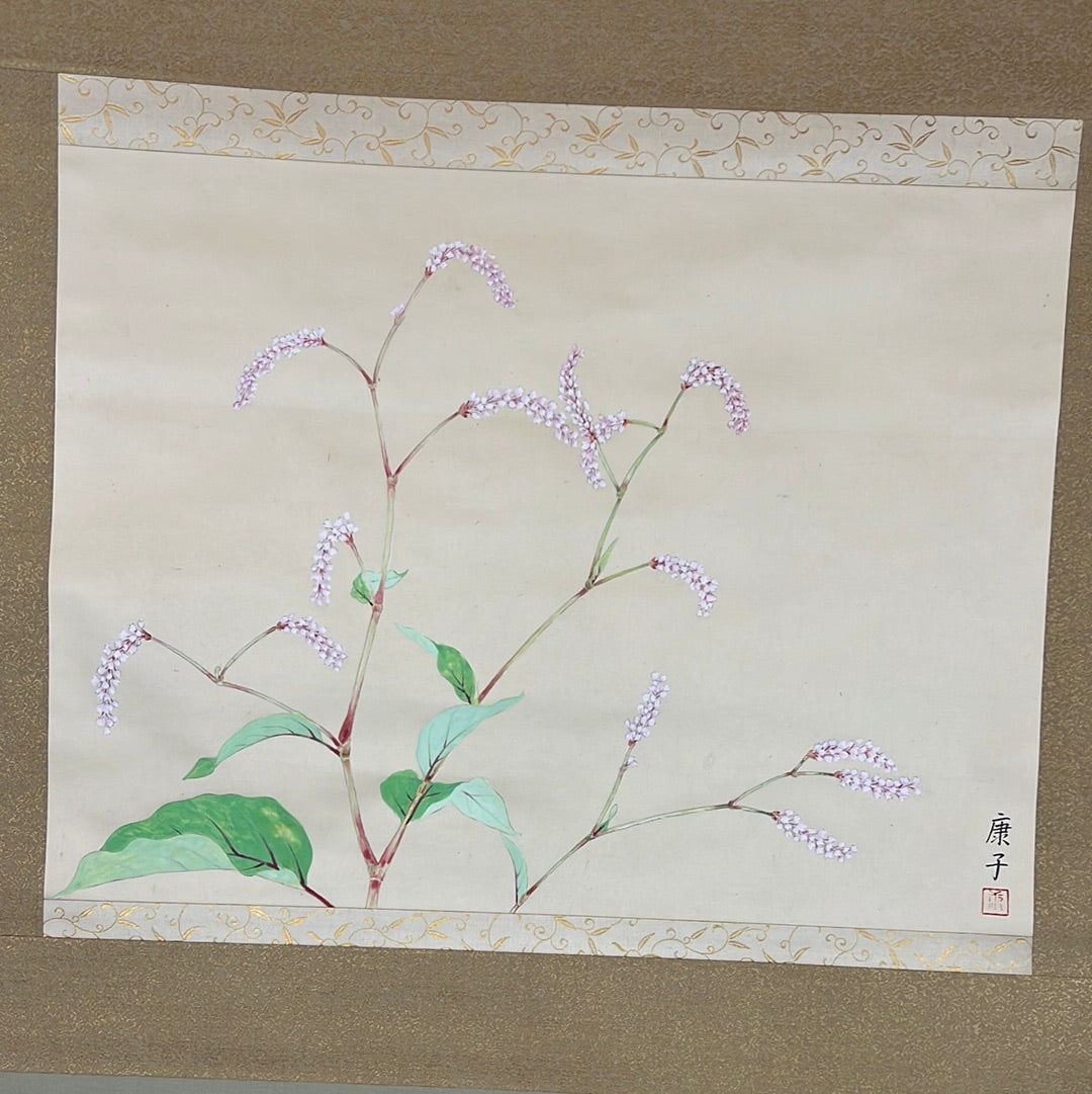 Japanese Scroll Hand Painted on Silk Showa Era Flowers 56”