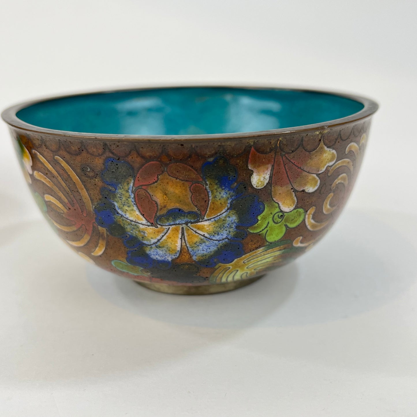 Chinese Cloisonné Bowl Set of Flowers & Blue Intirior 4"