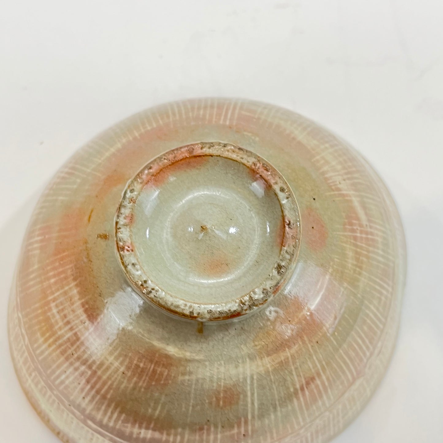 Signed Tea Ceremony Chawan Tea Bowl w/ Stripes & Stamps Over Pink and Gray Glaze
