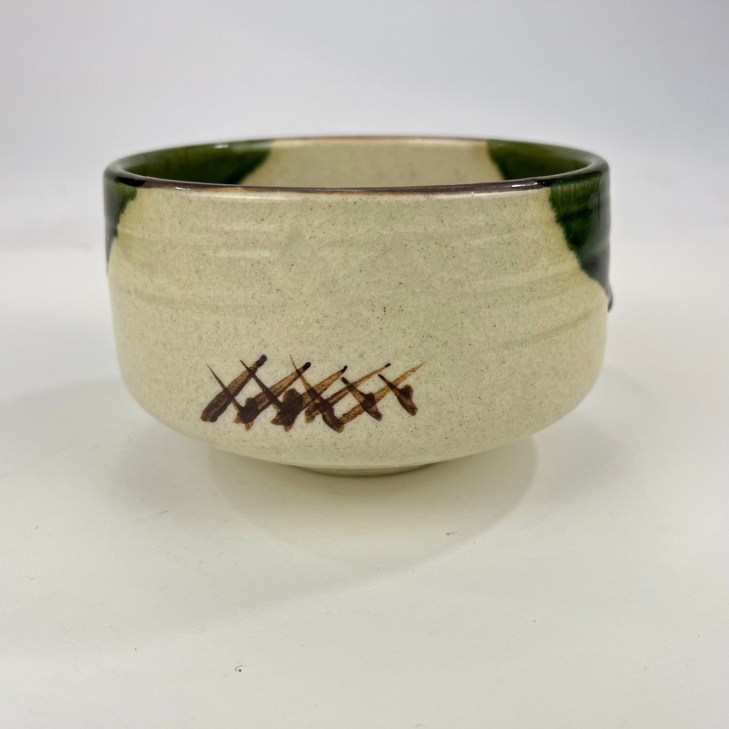 Signed Oribewear Tea Ceremony Chawan Tea Bowl Green Spot Drips & Pine Trees