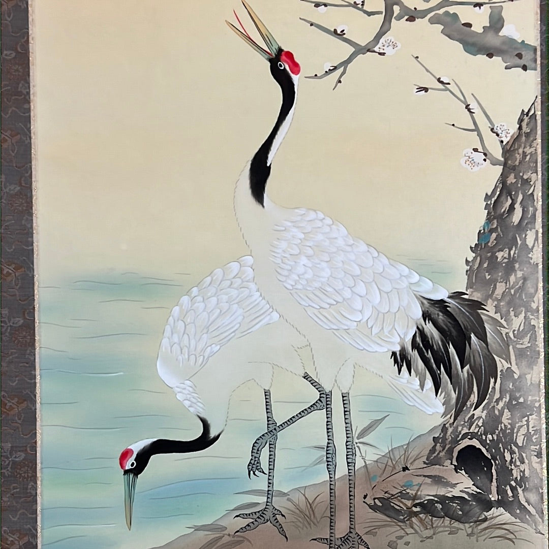 Japanese Scroll Hand Painted on Silk Showa Era Pair of Cranes 71"