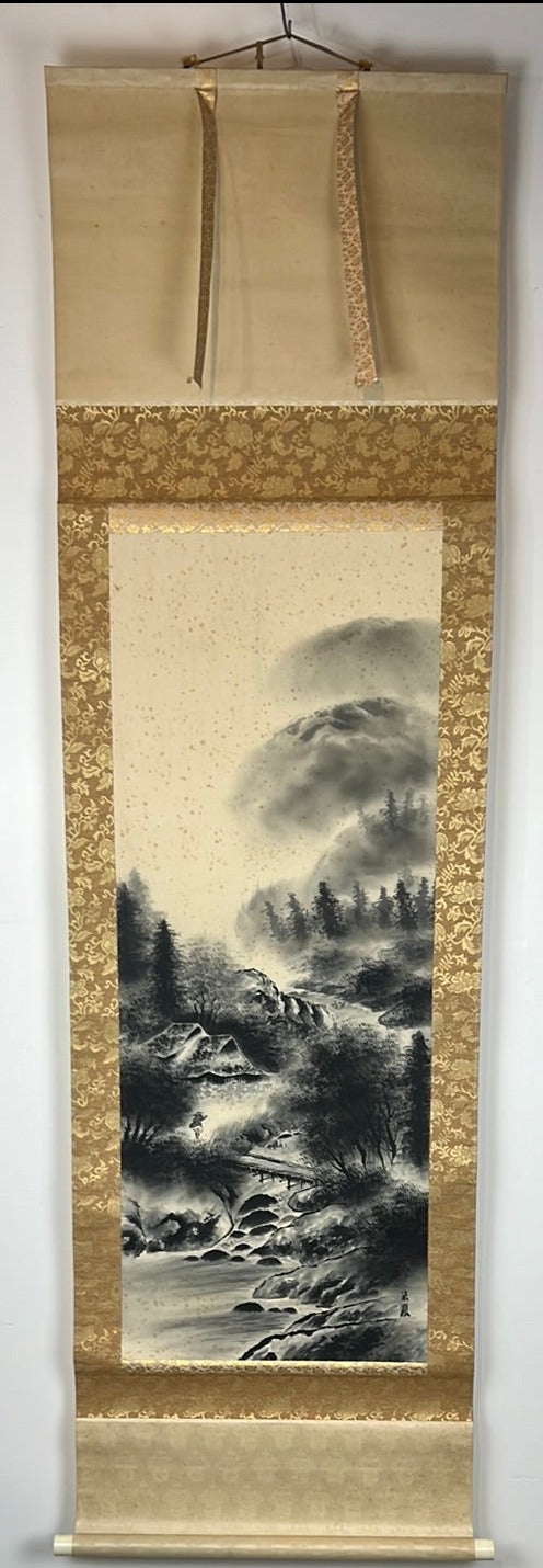 Japanese Vintage Scroll Kakejiku Hand Painted Showa Era Mountain Hut