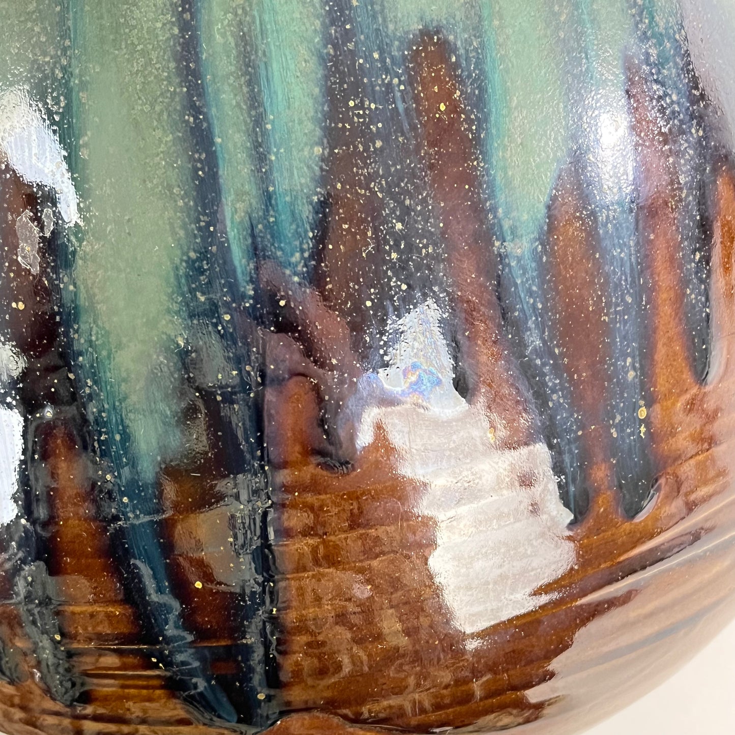 Vintage Japanese Tsubo Urn Vase Green & Blue Drip Glaze 11"