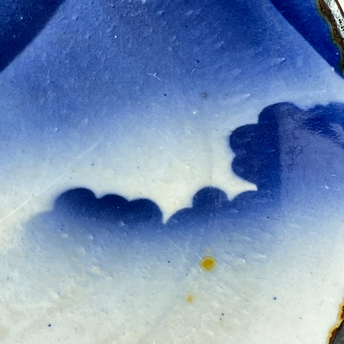 Antique Meiji Era Japanese Ceramic Round Imari Blue & White Plate Mt. Fuji Shrouded in Mist