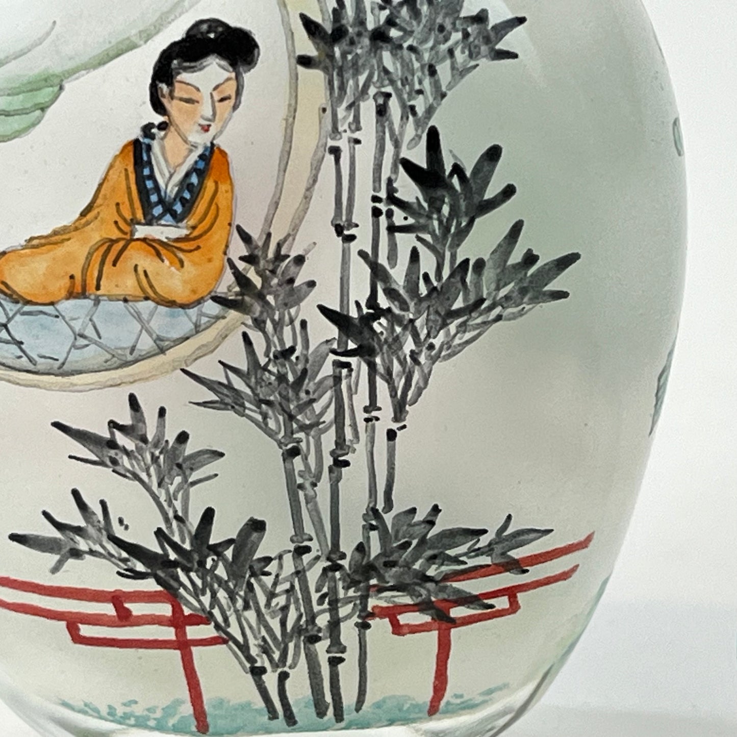 Vintage Chinese Snuff Bottle w/ Maidens Reverse-Painted Blue Lid 4.5"