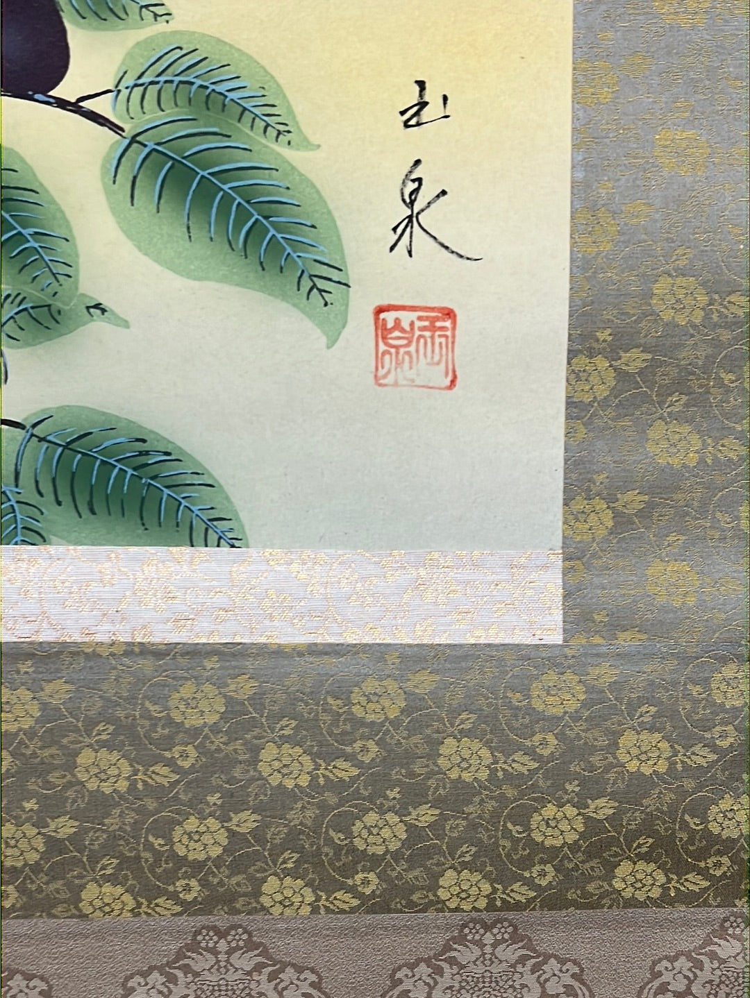 Japanese Vintage Scroll Kakejiku Hand Painted on Silk Showa Era Falcon & Mt Fuji 73"