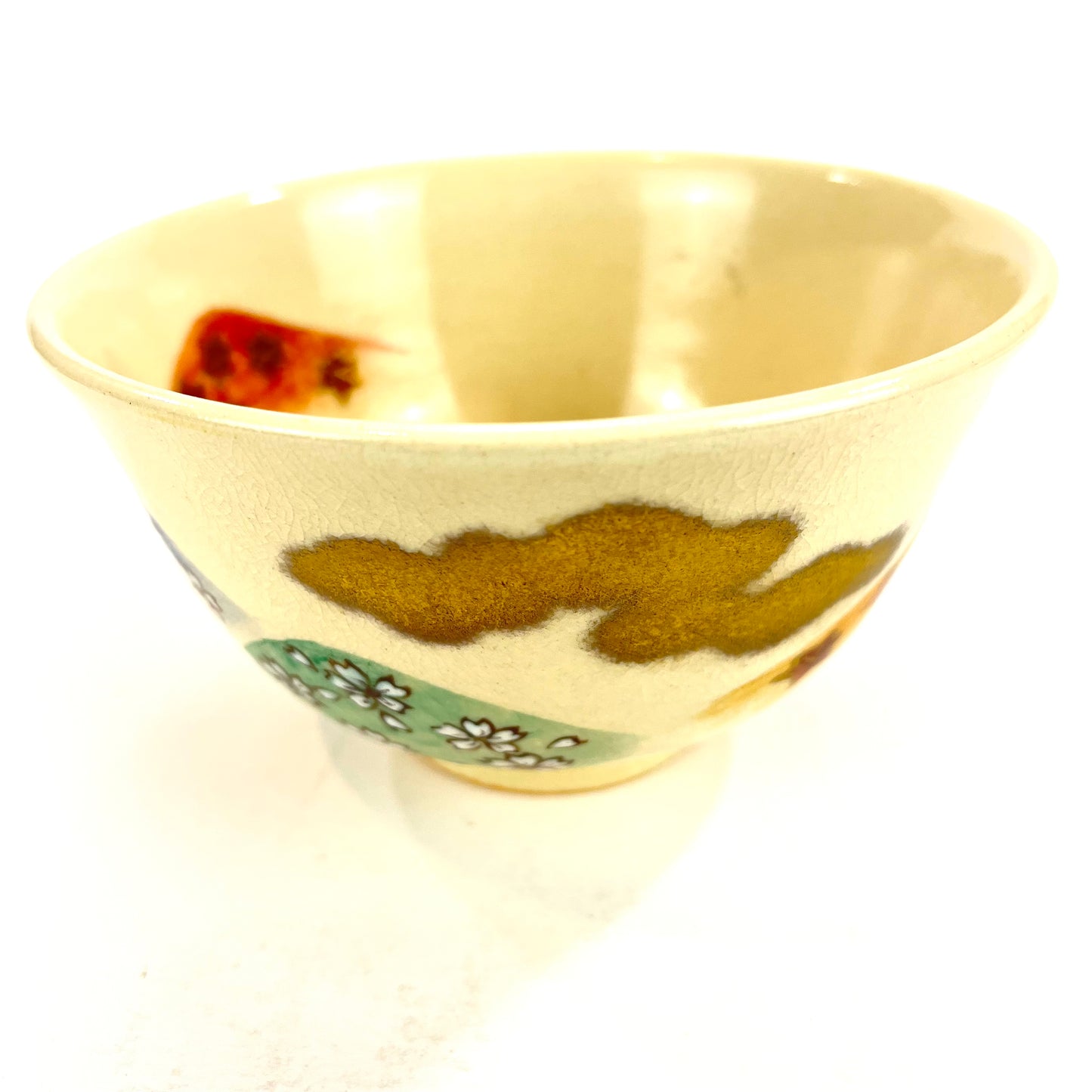 Signed Tea Ceremony Chawan Tea Bowl w/ Gold Clouds & Multicolored Hills