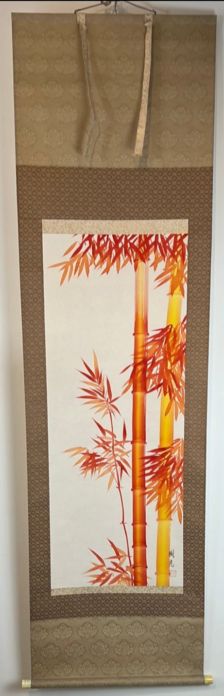 Japanese Vintage Scroll Kakejiku Hand Painted on Silk Showa Era Bamboo 75"