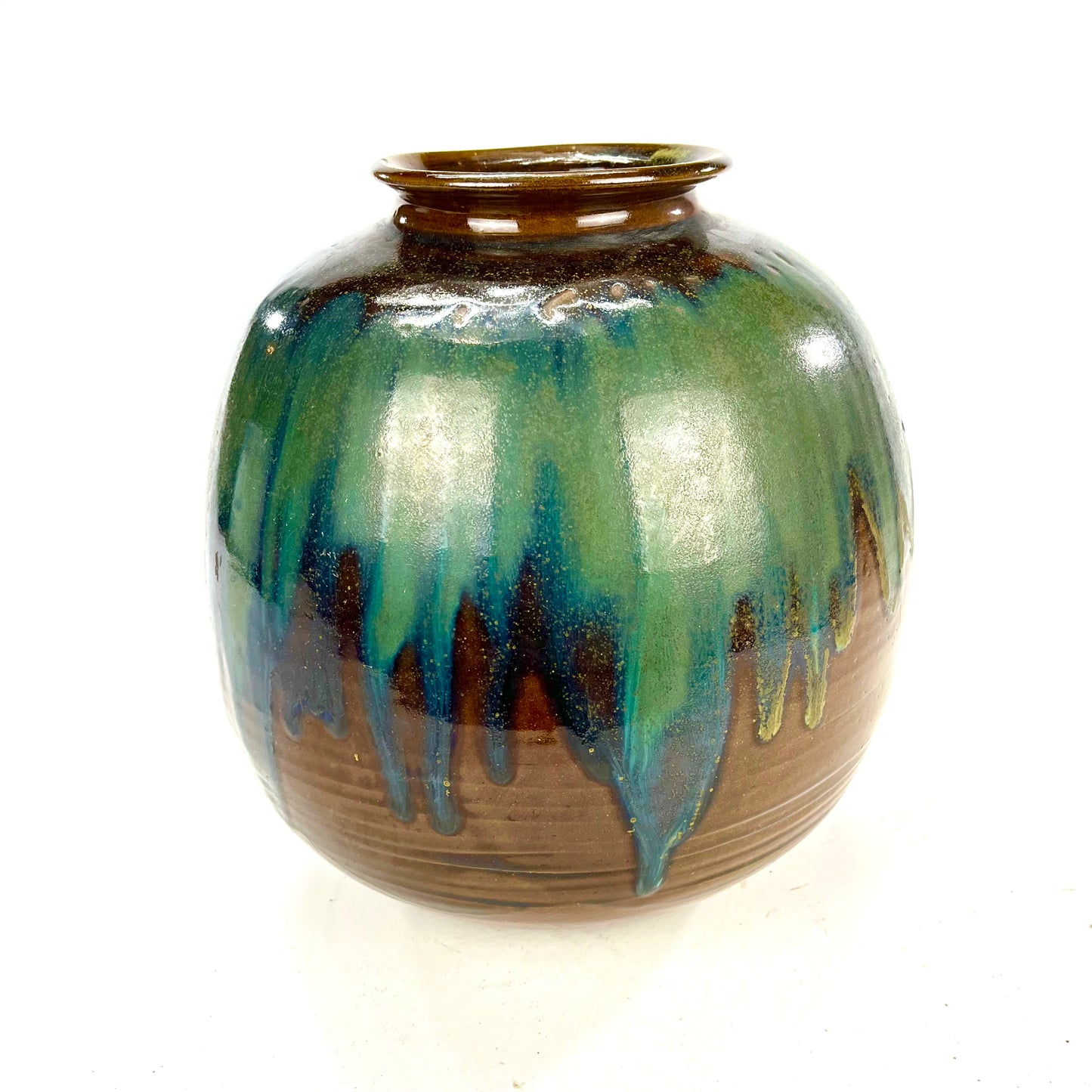 Vintage Japanese Tsubo Urn Vase Green & Blue Drip Glaze 11"
