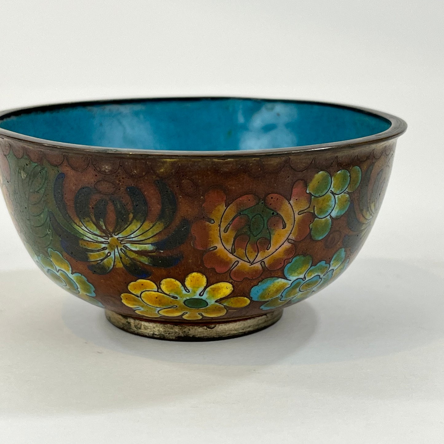 Chinese Cloisonné Bowl Set of Flowers & Blue Intirior 4"