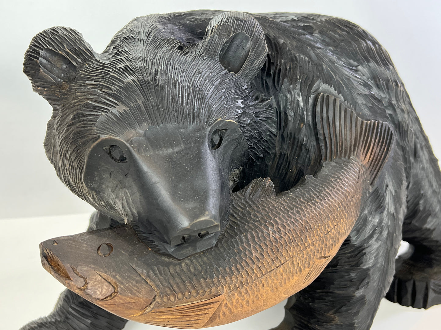 Vintage Japanese Ainu Hand Carved Bear w/ Salmon Cedar Wood Kubori Kuma Red 16"L