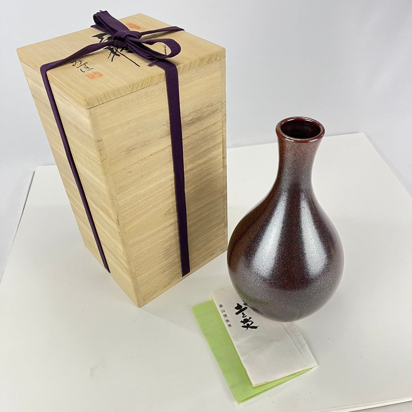 Japanese Red & Black Handmade Ceramic Ikebana Flower Vase W/ Box