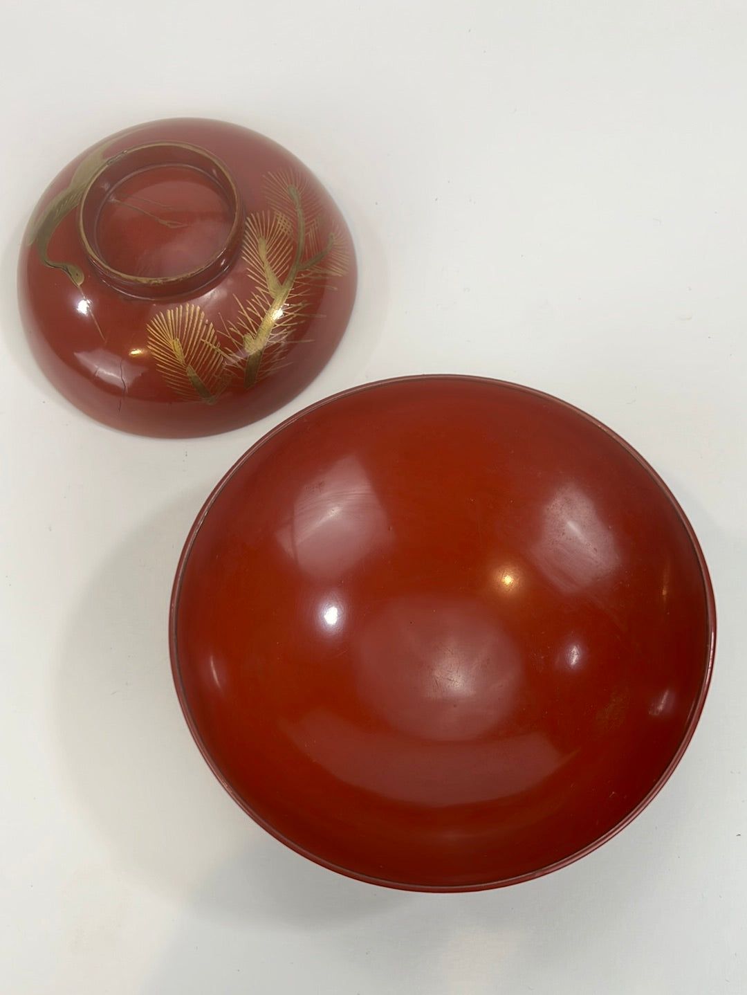 Antique Japanese Edo Era (c1850) Red Lacquer Makie Wooden Lidded Soup/Rice Bowl