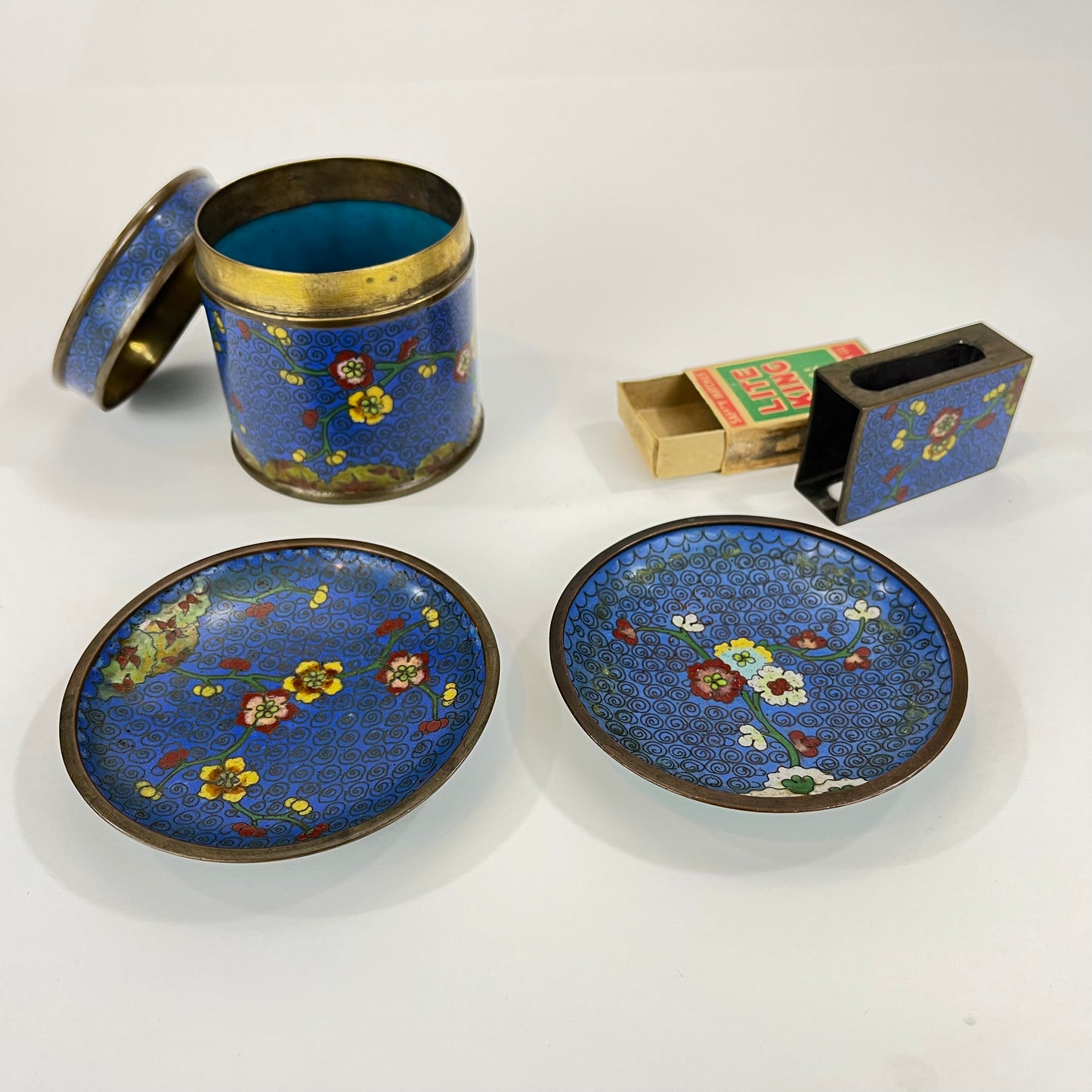 Antique Chinese Cloisonné Smoke Set Blue 4pc 5"