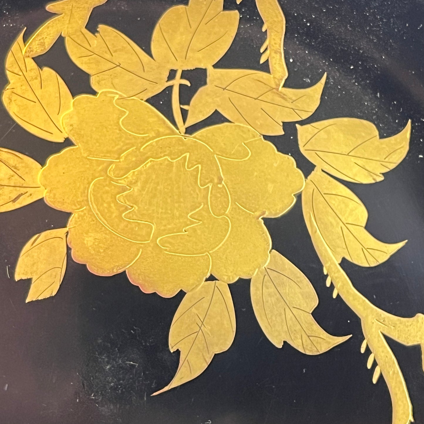 Antique (c. 1890) Japanese Kashizara Dish Plate Wood Black Lacquer Makie 7"