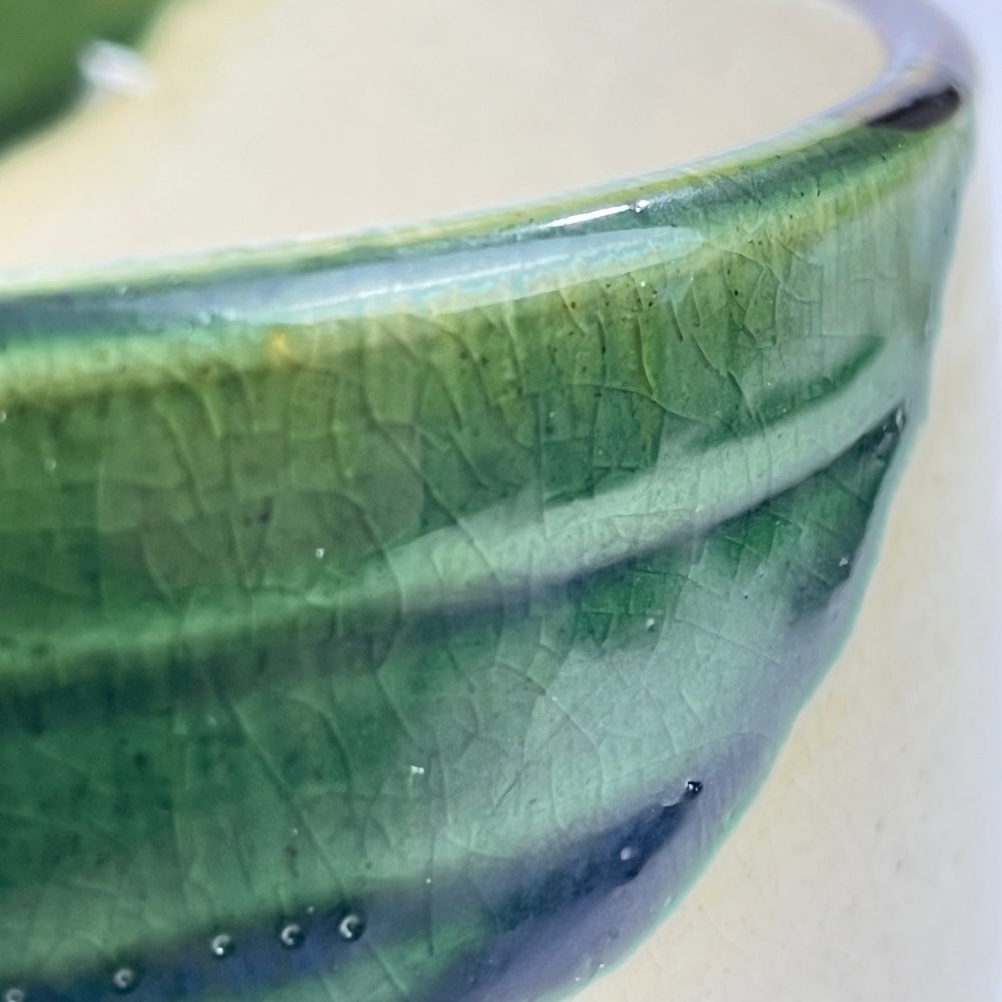 Signed Oribewear Tea Ceremony Chawan Tea Bowl Green Spot Drips & Pine Trees