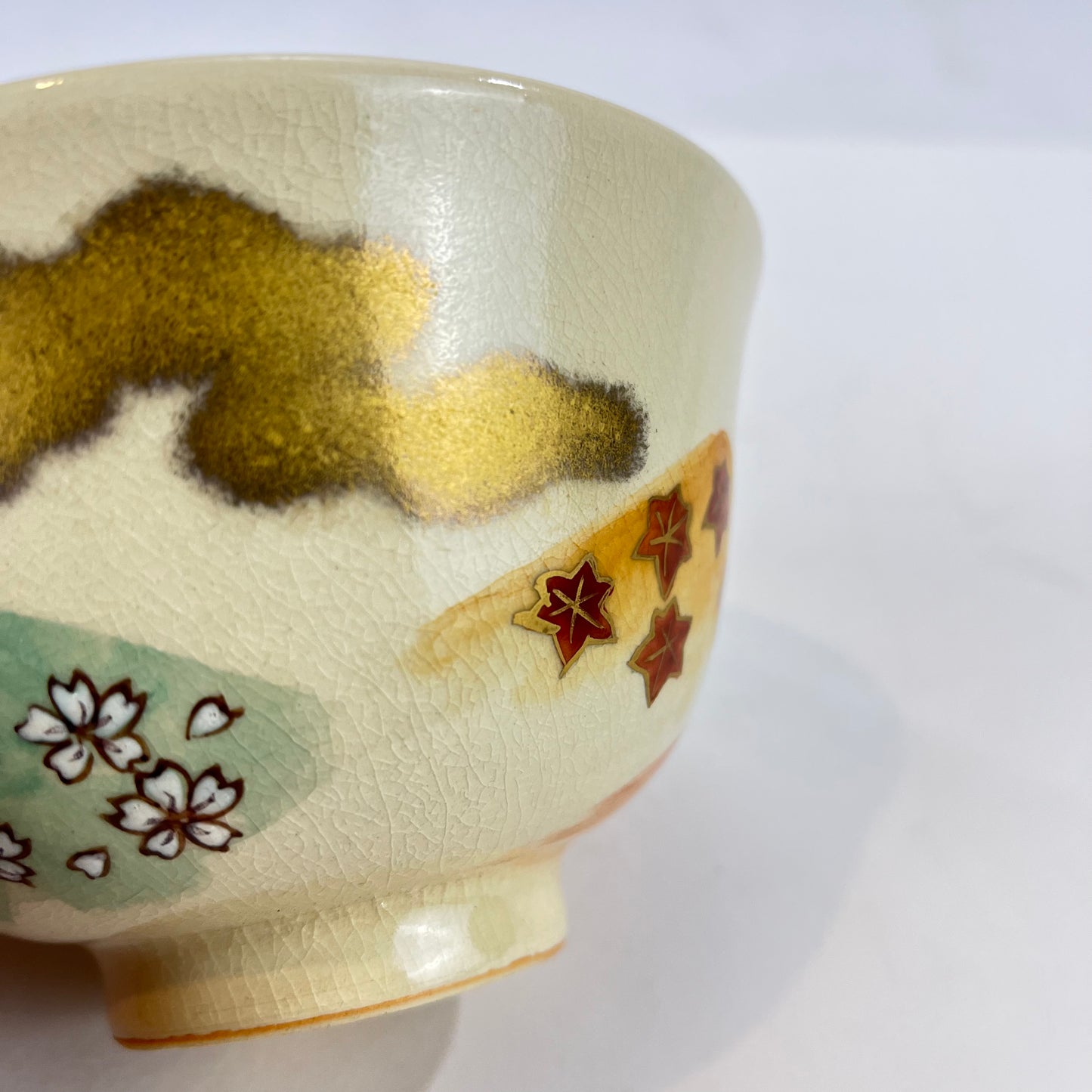 Signed Tea Ceremony Chawan Tea Bowl w/ Gold Clouds & Multicolored Hills