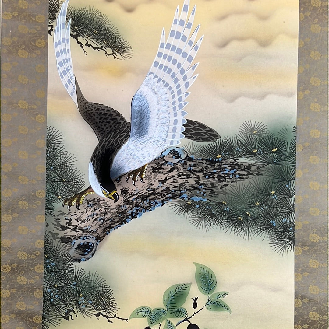 Japanese Vintage Scroll Kakejiku Hand Painted on Silk Showa Era Falcon & Mt Fuji 73"