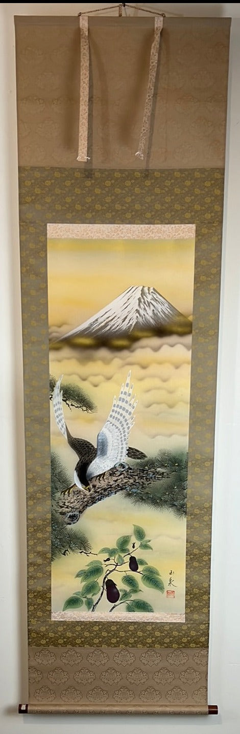 Japanese Vintage Scroll Kakejiku Hand Painted on Silk Showa Era Falcon & Mt Fuji 73"