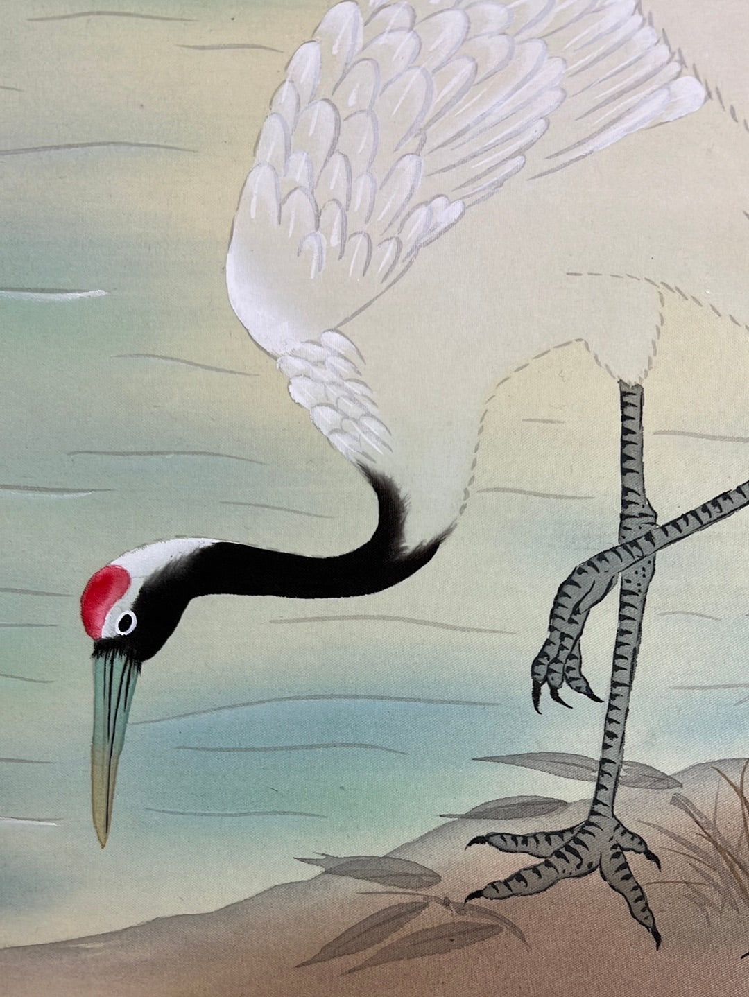 Japanese Scroll Hand Painted on Silk Showa Era Pair of Cranes 71"