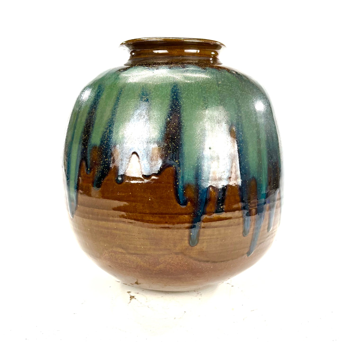 Vintage Japanese Tsubo Urn Vase Green & Blue Drip Glaze 11"